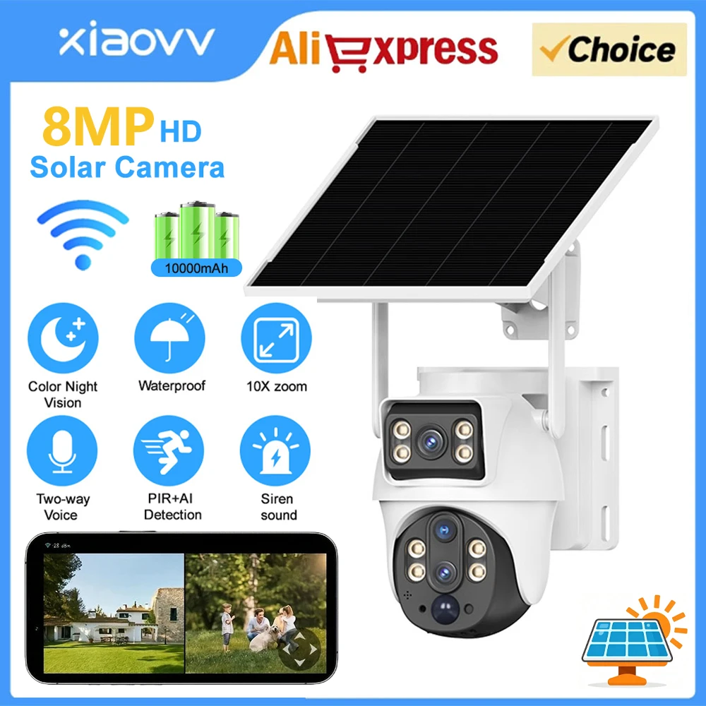 XIAOVV 8MP WiFi Solar Camera Dual Lenses Outdoor Low Power Battery IP Camera PIR Night Vision Wireless Security Camera