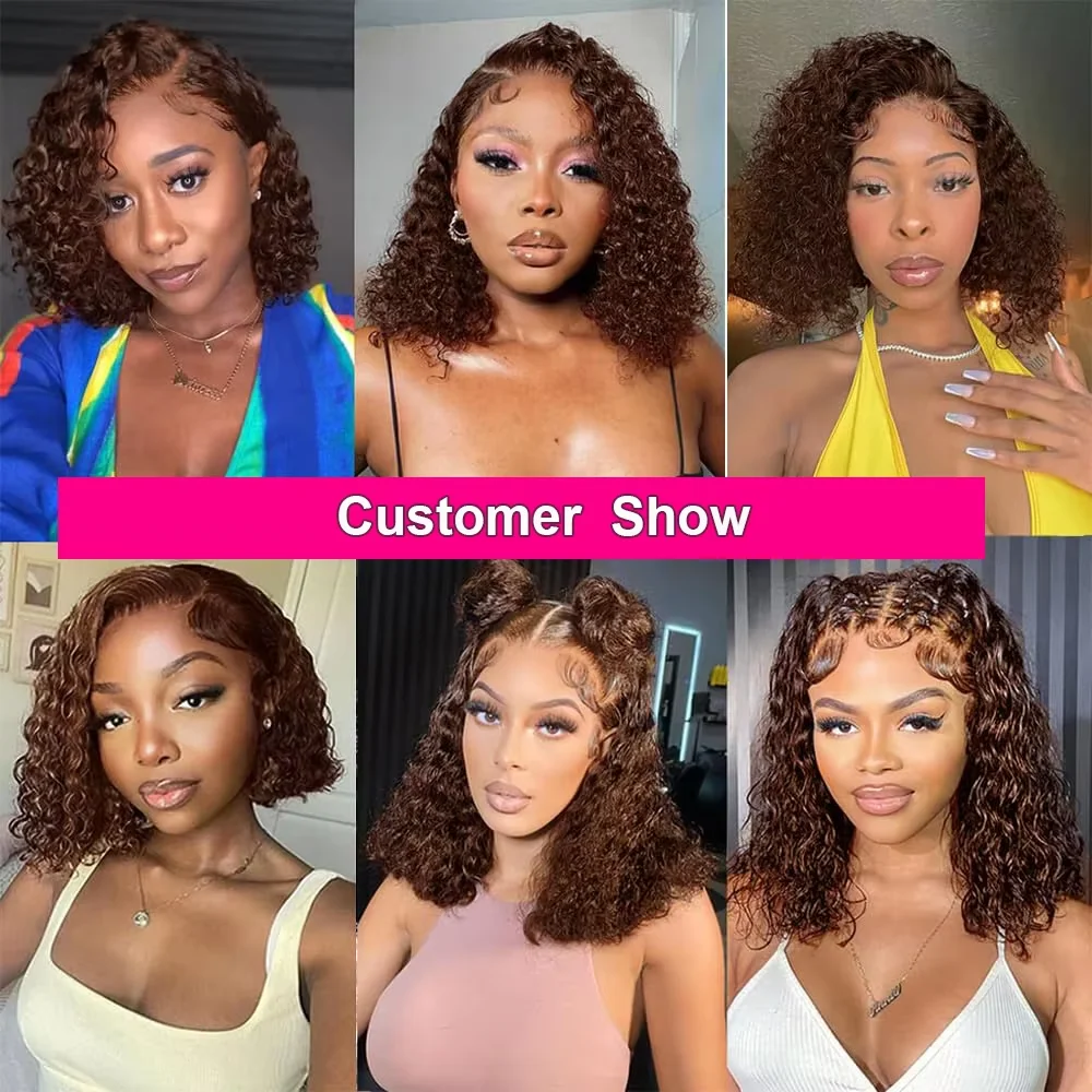 Brown Color #4 Deep Wave Bob Wigs 250% Density 10 16 Inch 13x4 Lace Frontal Wigs Chocolate Brown Deep Wave Human Hair Wigs For Women view 7