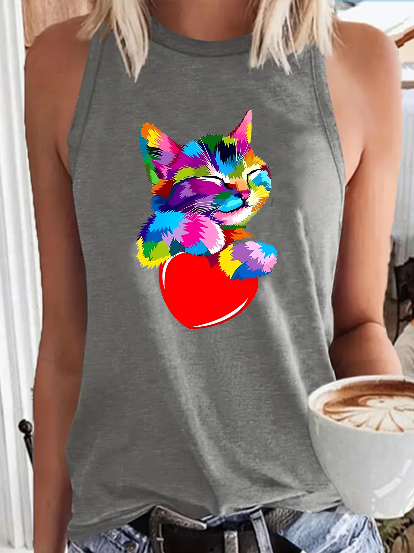 Amor feminino Colorido Gato Símbolo do Coração Regatas, Solto, Gola O, Sem Mangas, Casual, Esportivo Moda, Engraçado