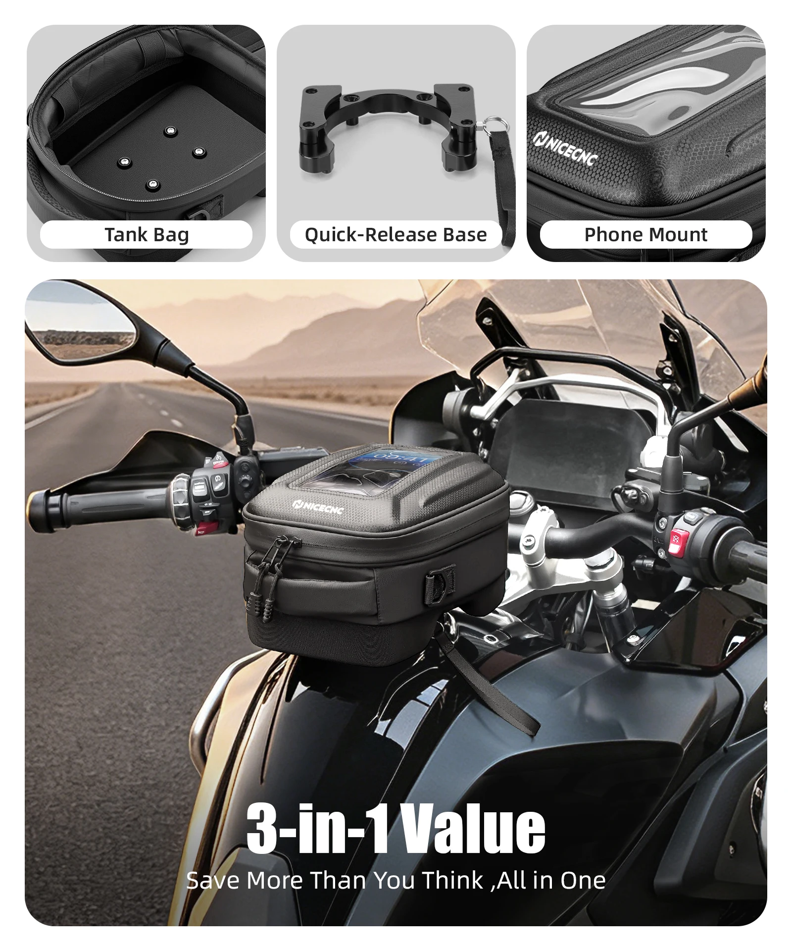 Tankrucksack Push-Pull Schnellverschluss-System für Yamaha Tenere 700 19-24 BMW R1250GS Adventure 17-24 Honda CRF1100L Africa Twin 20-25 – Detail 9