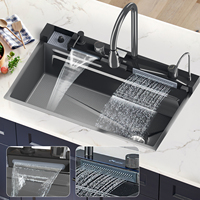 Stainless Steel Waterfall Kitchen Sink Large Single Bowl Integrated Digital Display Faucet Set Soap Dispenser Cup Washer
