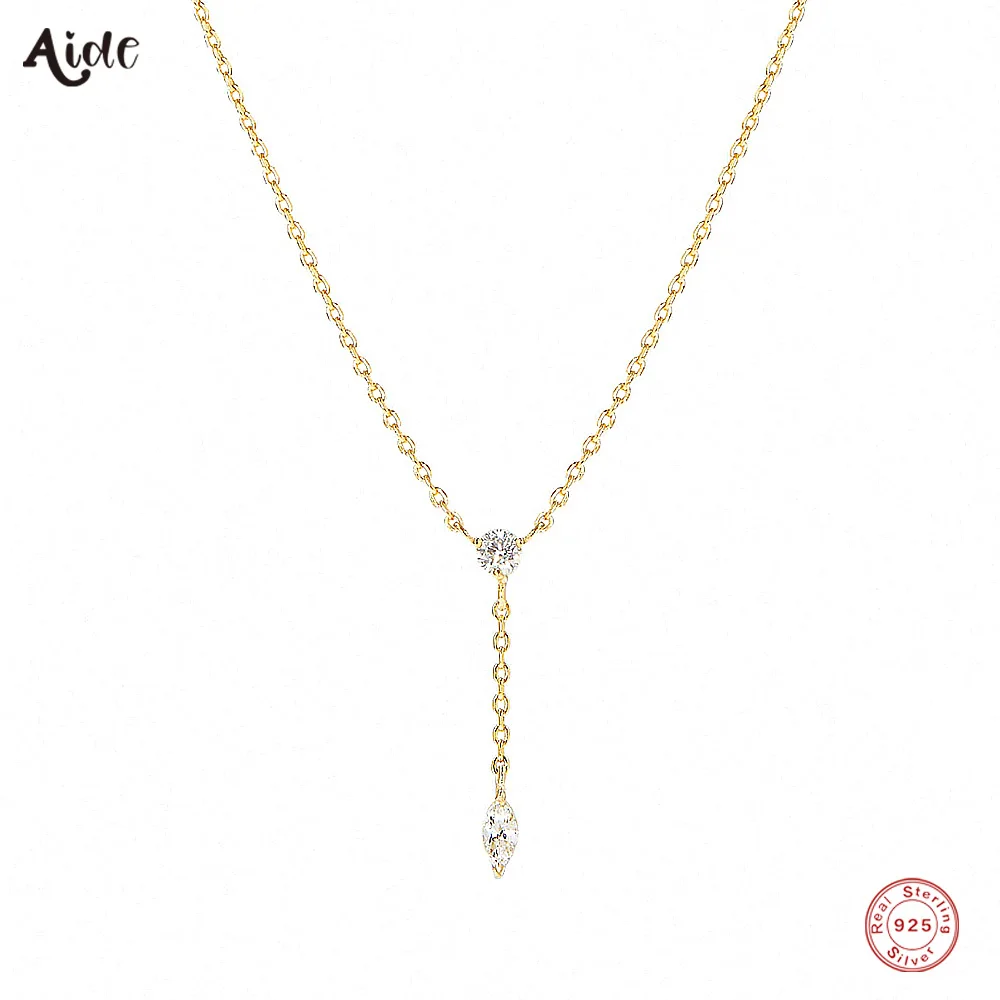 Aide 925 Sterling Silver Thin Slim Chain Necklace With Clear Zircon Pendant For Women Y Shape Clavicle Choker Wedding Jewelry