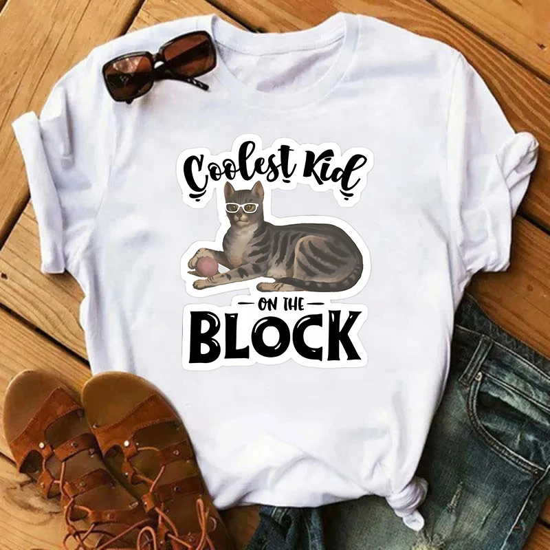 Cool Est Kid On The Block Shirts T-Shirt Print Cat Women Hio hop Fashion Y2K Crwneck Short Sleeve Tee Female Casual Tshirt S-208