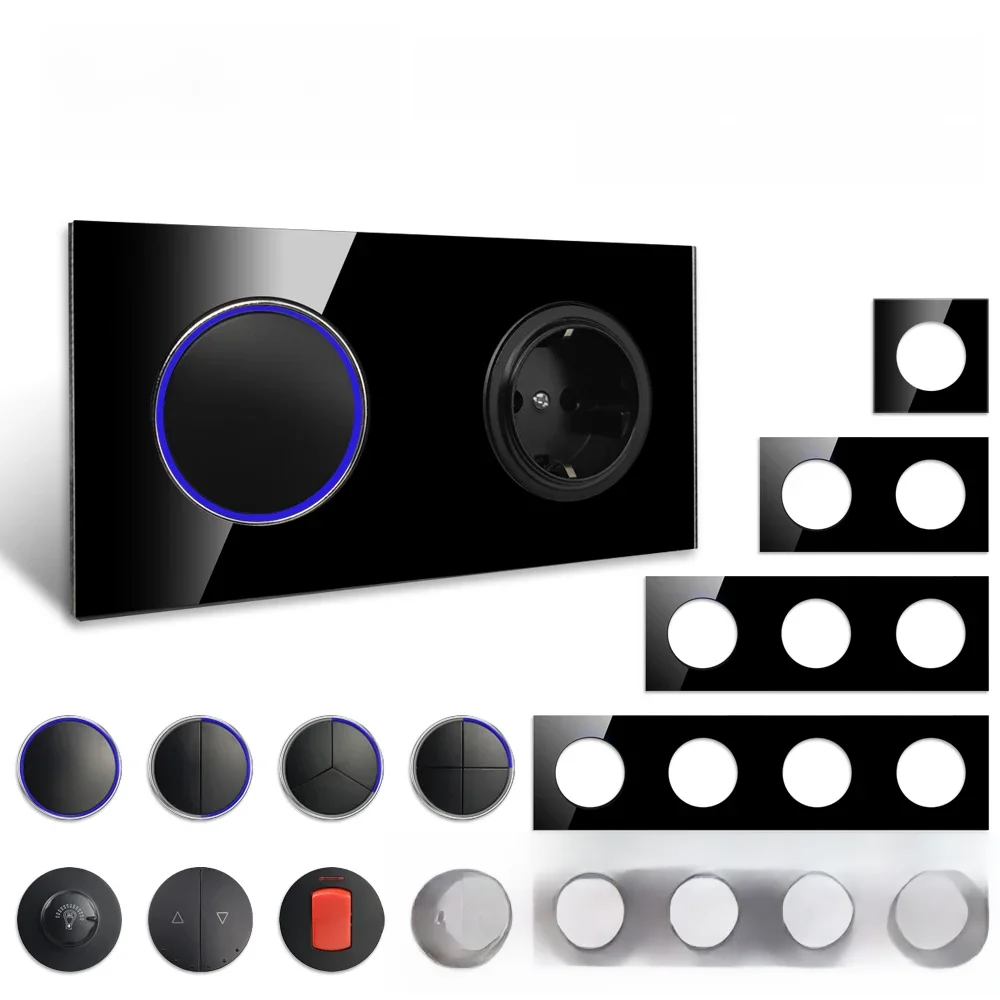 Bricolage Wallpad 1 2 3 4 Gang 2 voies avec indicateur LED circulaire interrupteur d'éclairage mural en verre noir combinaison gratuite