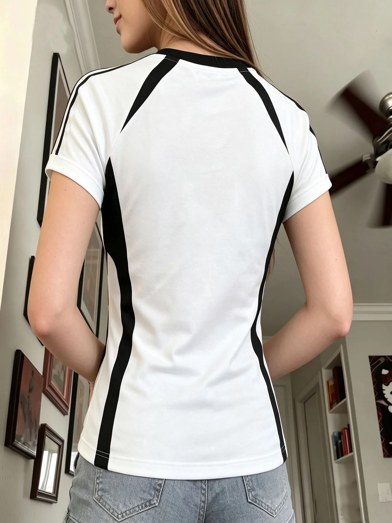 Y2K Women Black White Contrast Stripe T Shirt Cute Stack Panda Print Slim O-neck Short Sleeve Casual Streetwear Female Tees
