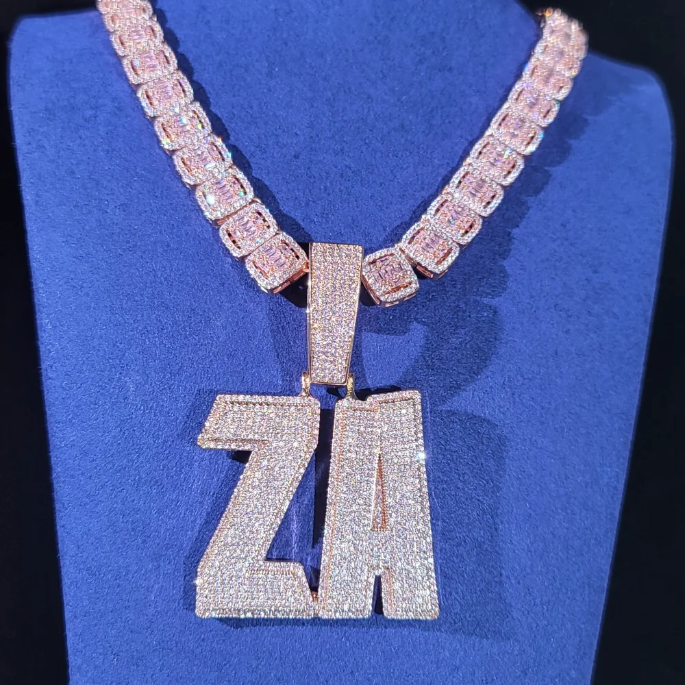 

Custom Necklace For Women Hip Hop Cubic Zircon Letter Pendant Icy Square Stones Pink Big Tennis Chain Monogram Fashion Jewelry