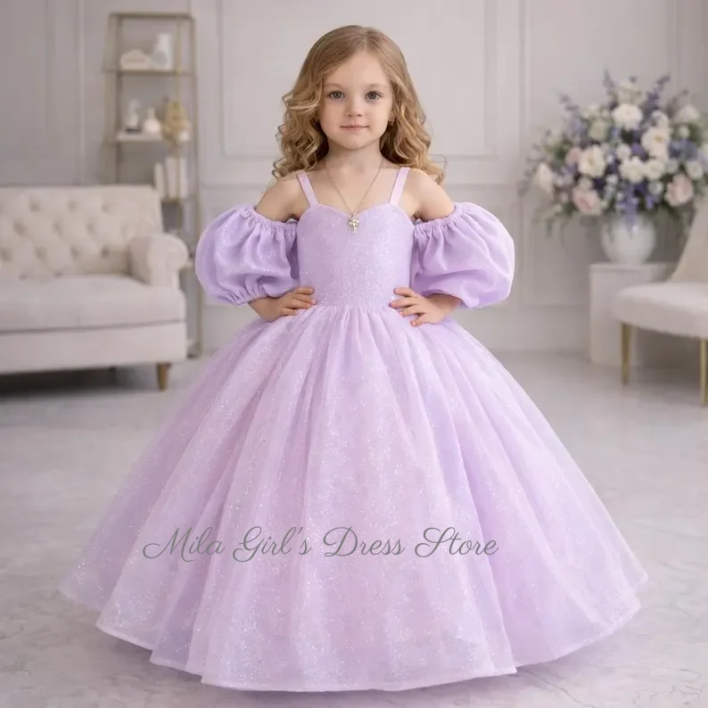 Customized Purple Flower Girl Dress For Wedding Short Sleeve Floor Length Kids Birthday Party Off Shoulder First Communion Gown