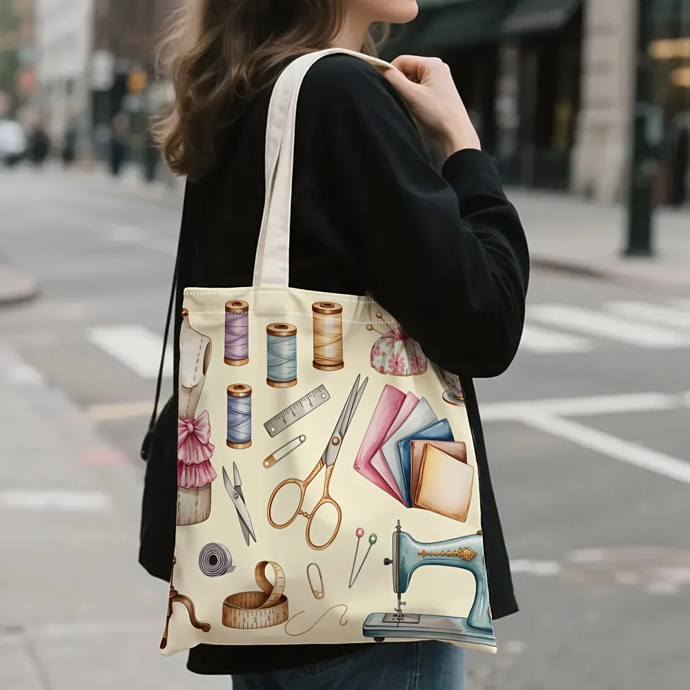 1 Piece Sewing Tool Canvas Shoulder Bag with Artistic Patterns, Lightweight Foldable Tote Bag with Fixed Shoulder Strap, Reusable Shopping Bag, Perfect Gift for Commuting, Travel, Shopping, School, and Holidays