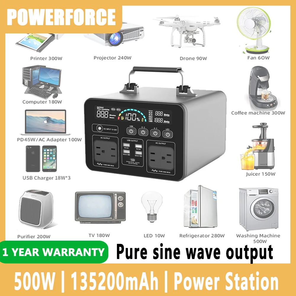 

500W Portable Power Station Solar Generator 500Wh 135200mAh LiFePo4 Battery Pure Sine Wave Power Supply for Camping Fishing RV