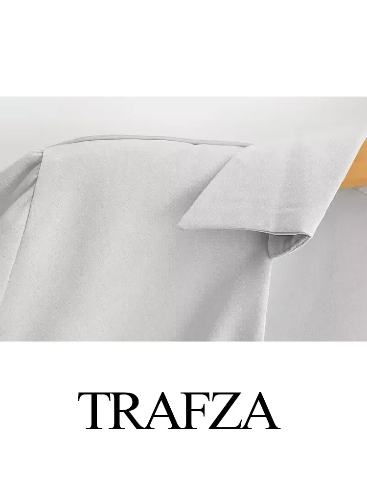 TRAFZA 2023 Women\'s Summer New Fashion Casual Street Wear Silver High Waist Slim Half Skirt Button Up Shirt Top Suit Female