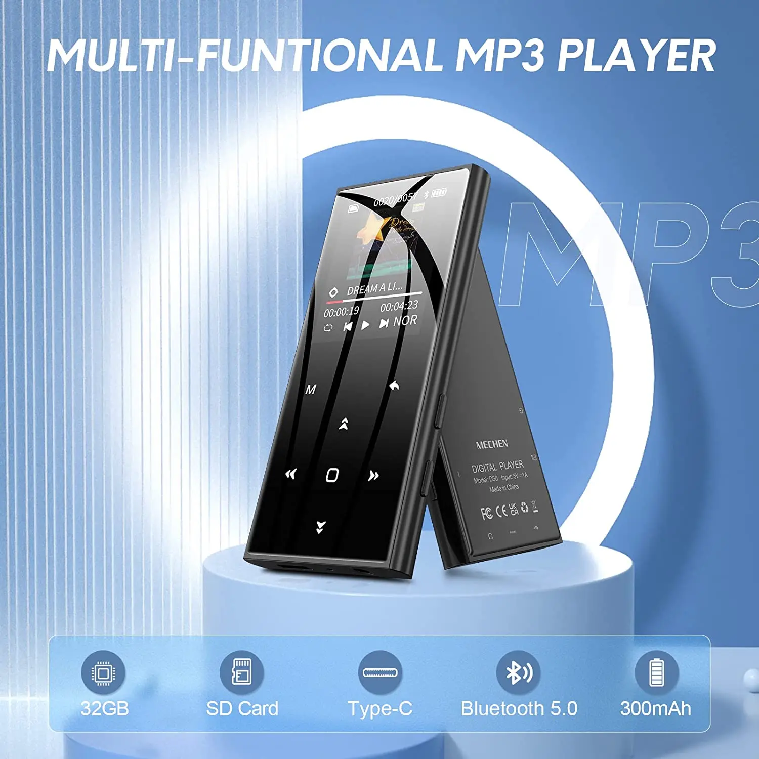 MP3 Player with Bluetooth, MECHEN 32GB 1.8-inch TFT Screen Hi-Fi Lossless Digital Music Player Support Up to 128GB