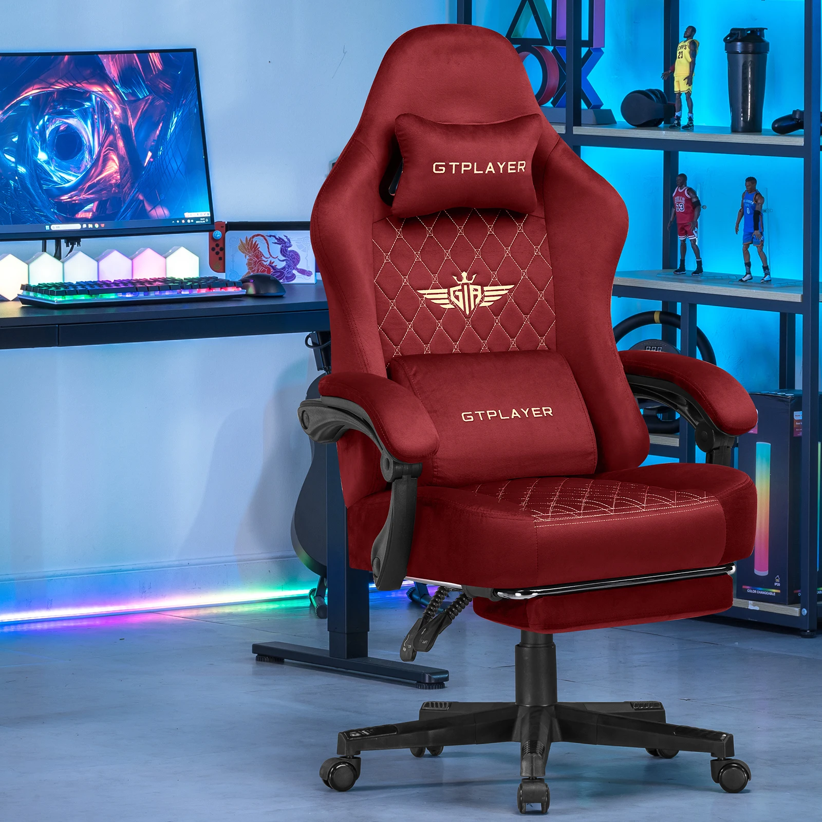 GTPLAYER Gamingstoel van Stof Ergonomisch voor PC met Voetensteun en Verenkussen, 150KG Draagvermogen, Verstelbare en Draaibare Bureaustoel