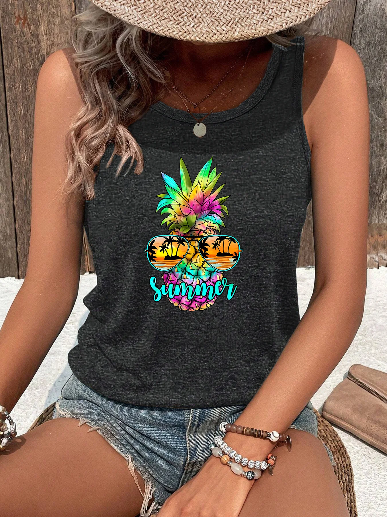 Summer Colorful Pineapple Sunglasses Fashion Funny Sports Women's Tank Top Loose O Neck Sleeveless Casual Tank