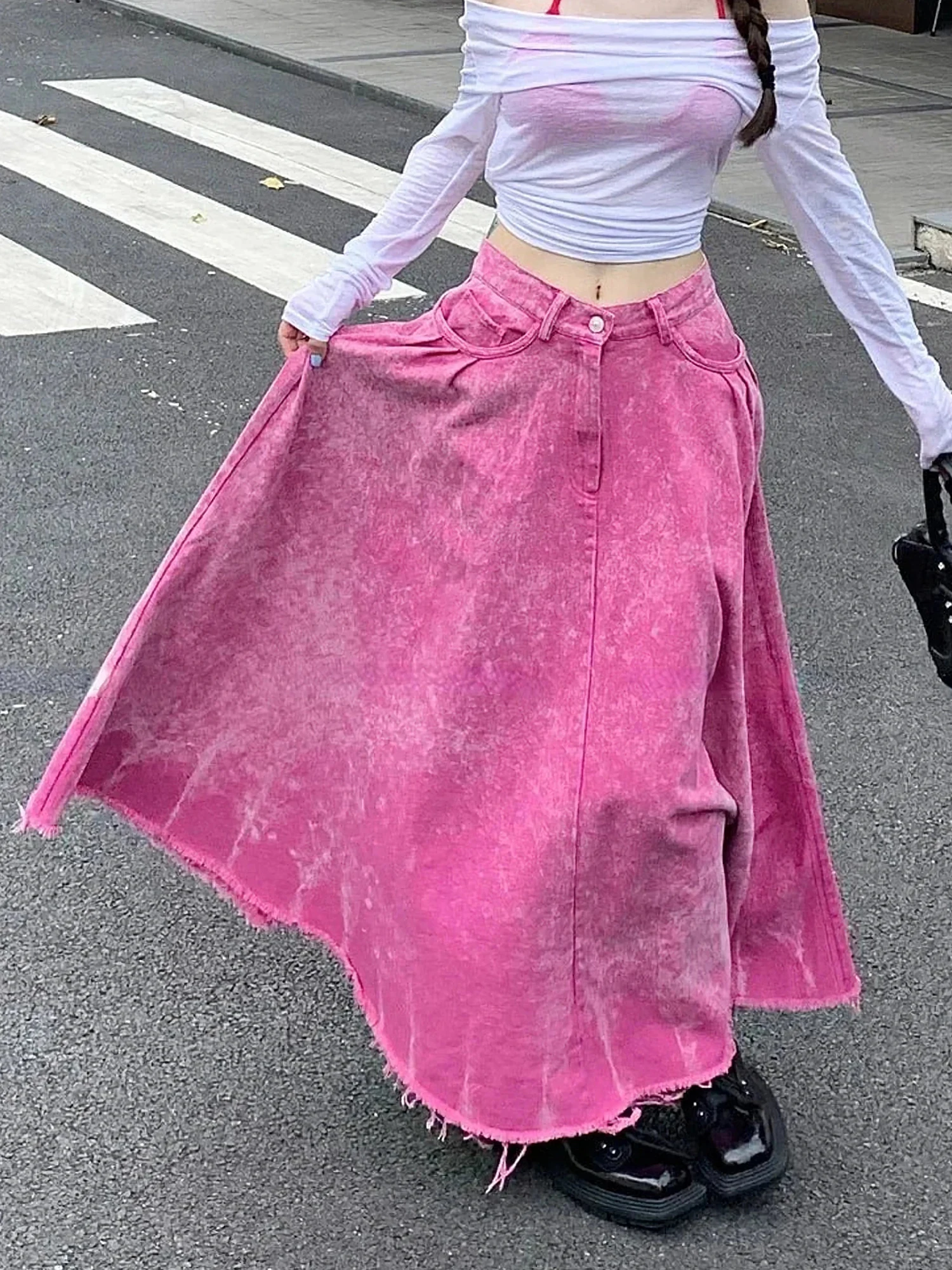 Women Pink Washed 100% Cottton Denim Pleated Maxi Long Skirt Frayed Raw Hem Pockets Vintage Casual Flared Jean Skirt Street Wear