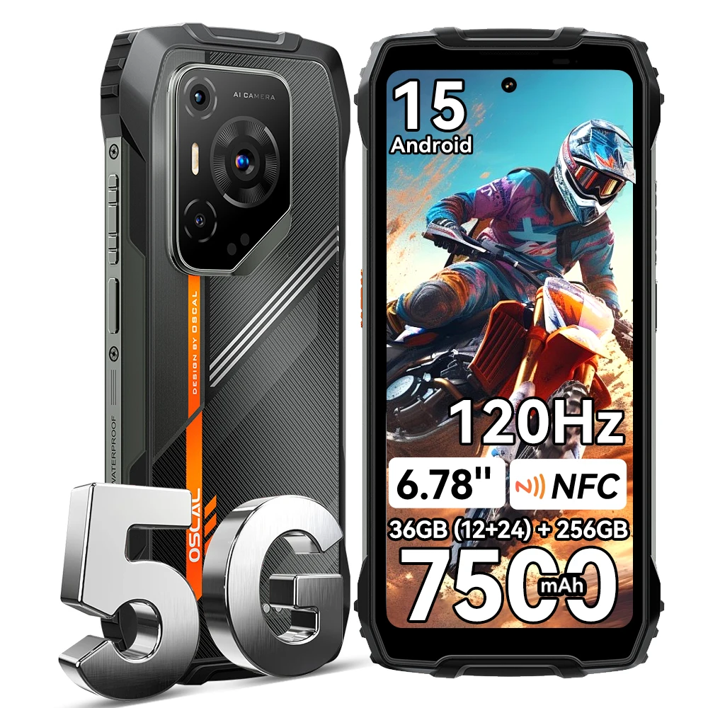 OSCAL PILOT 3 Robustes Smartphone [Kein EU-Ladegerät] 36 GB (12+24) + 256 GB Android 15 6,78 Zoll 7500 mAh 50 MP + 32 MP + 20 MP 120 Hz 33 W NFC