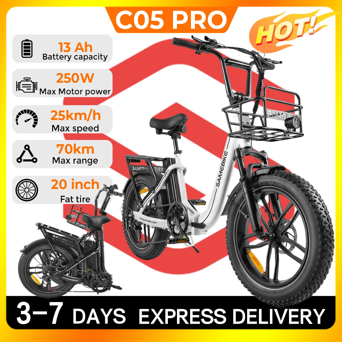 SAMEBIKE C05pro, bicicleta eléctrica plegable de 20 pulgadas con cuadro bajo y neumáticos anchos, motor de 250 W, batería extraíble de 36 V