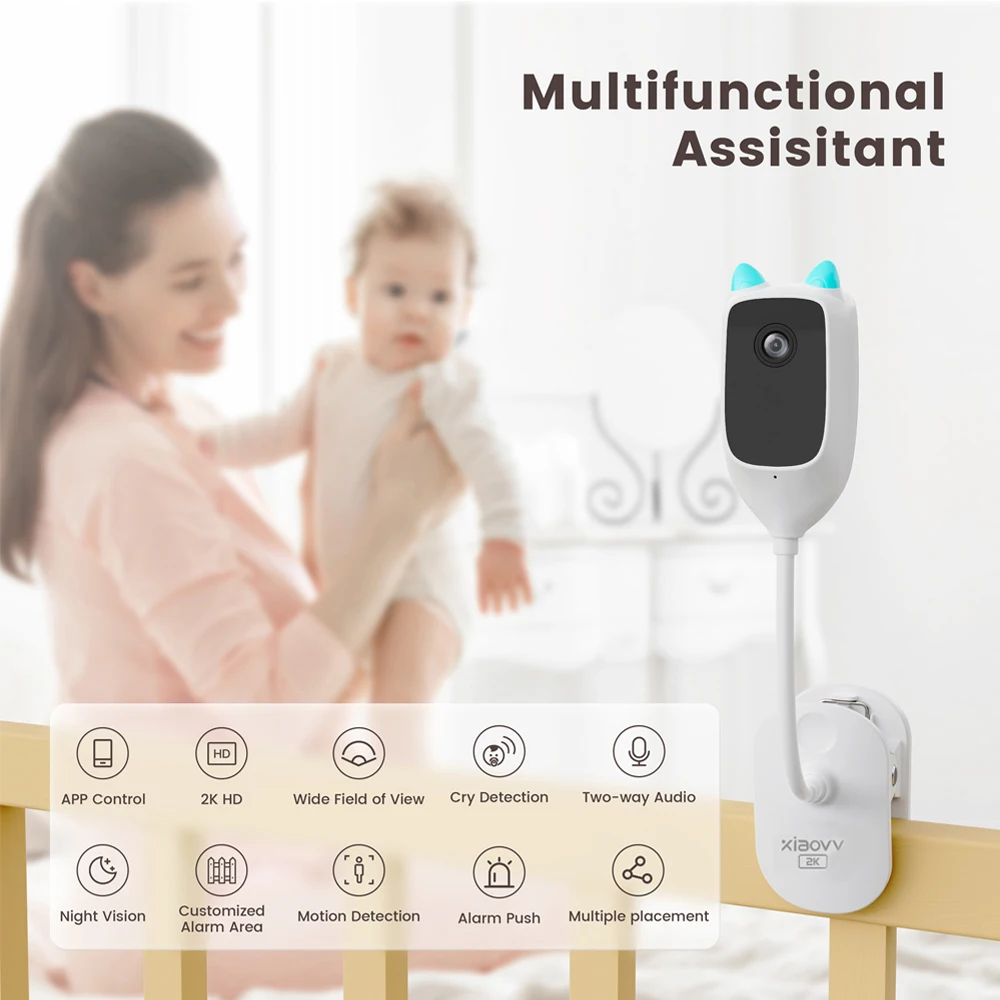 XIAOVV 4MP Baby Monitor Camera Cry Detection Two Way Audio Night Light Infrared Night Vision Adjustable Clamp WiFi Indoor Camera