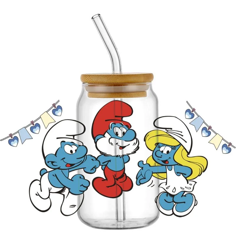 Miniso Cartoon The Smurfs Pattern UV DTF Transfer Sticker Waterproof Transfers Decals For 16oz Glass Cup Wrap Stickers