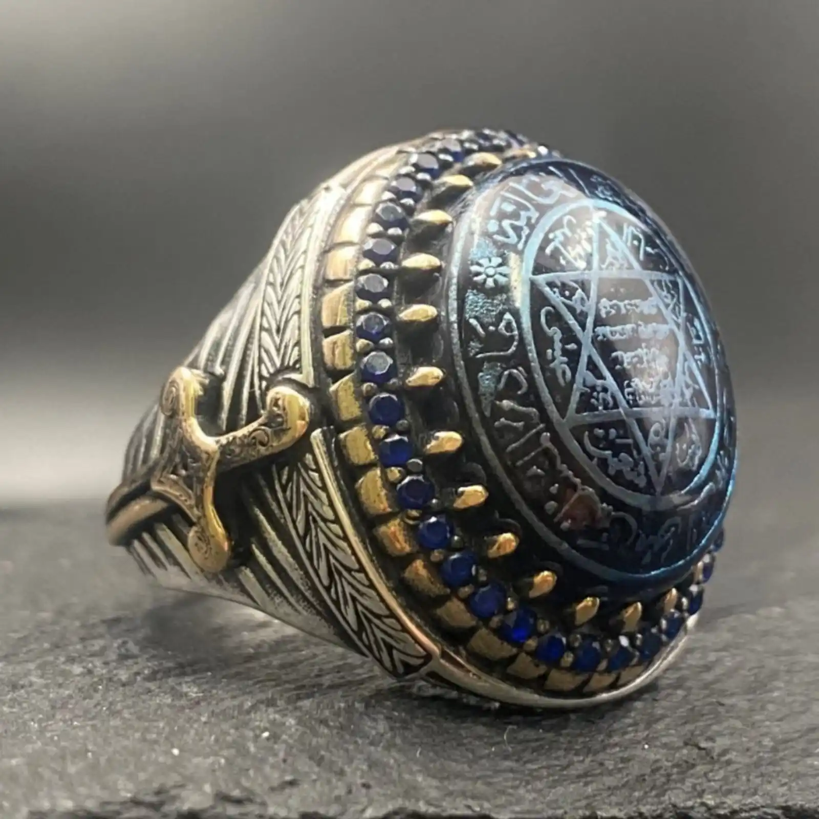 Handcrafted Men's Sword Design Ring with Seal of Solomon on Blue Agate - Father's Day Jewelry