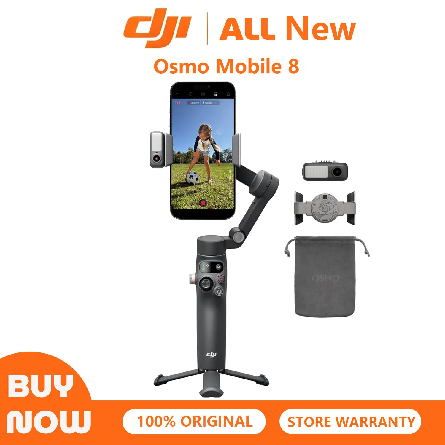 DJI Osmo Mobile 8 Advanced Gimbal Stabilizer with AI Native Tracking Audio Lighting 360° Pan Rotation Tripod Extension Rod 10h Battery for Phone