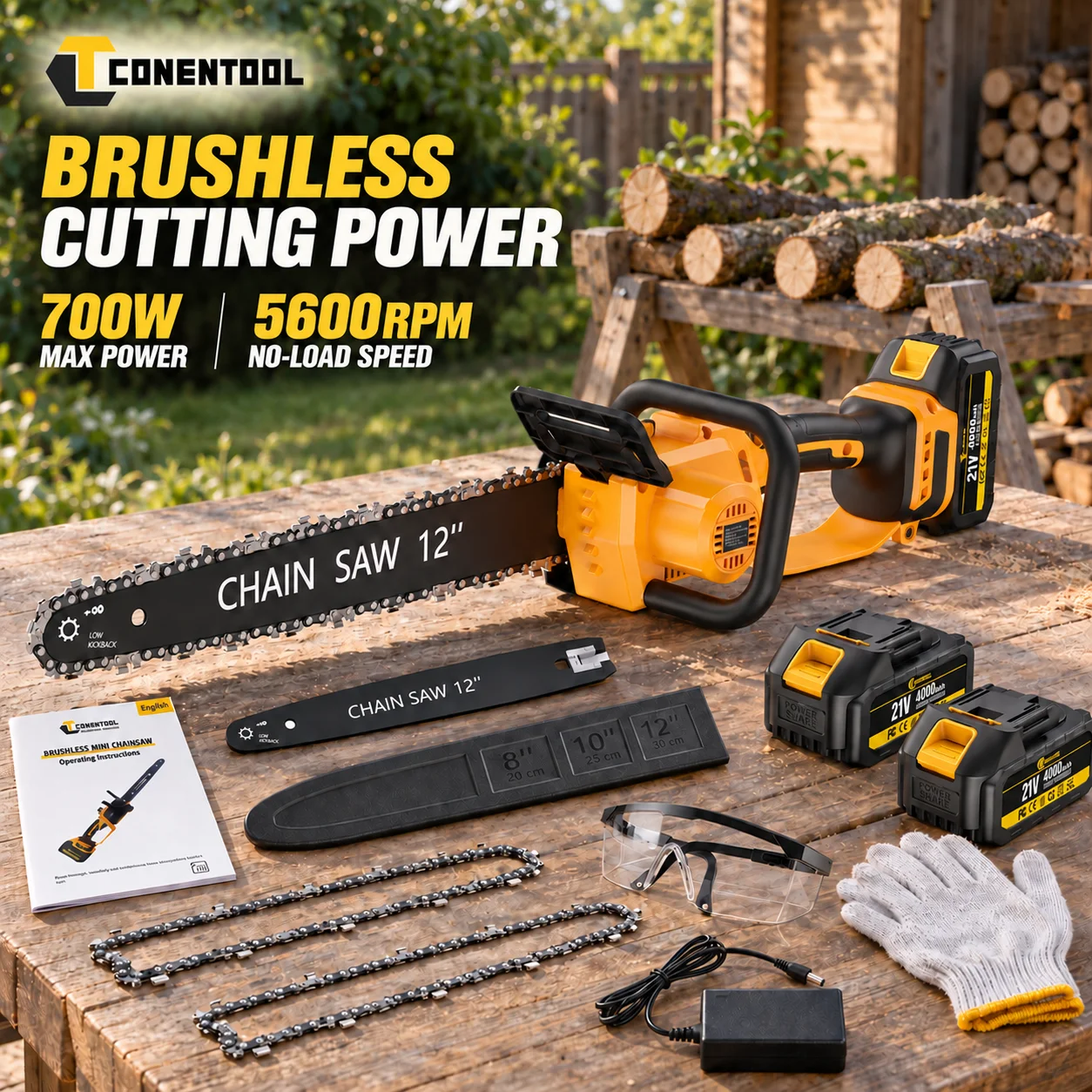 CONENTOOL, motosega elettrica a batteria da 12 pollici, 21 V, 700 W, motore brushless, 5600 giri/min, 2 batterie da 4000 mAh, 2 catene, sistema di lubrificazione automatica, freno automatico e display