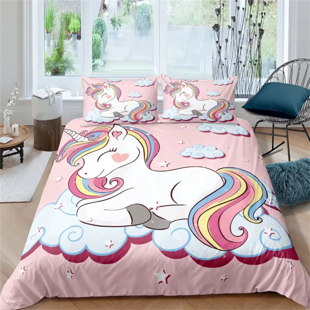 Children Bedding Sets Gifts Unicorn and Colorful Horse Printing Duvet Cover Sets for Kids Girls Boys 2/3 Pcs Single Pink Quilts