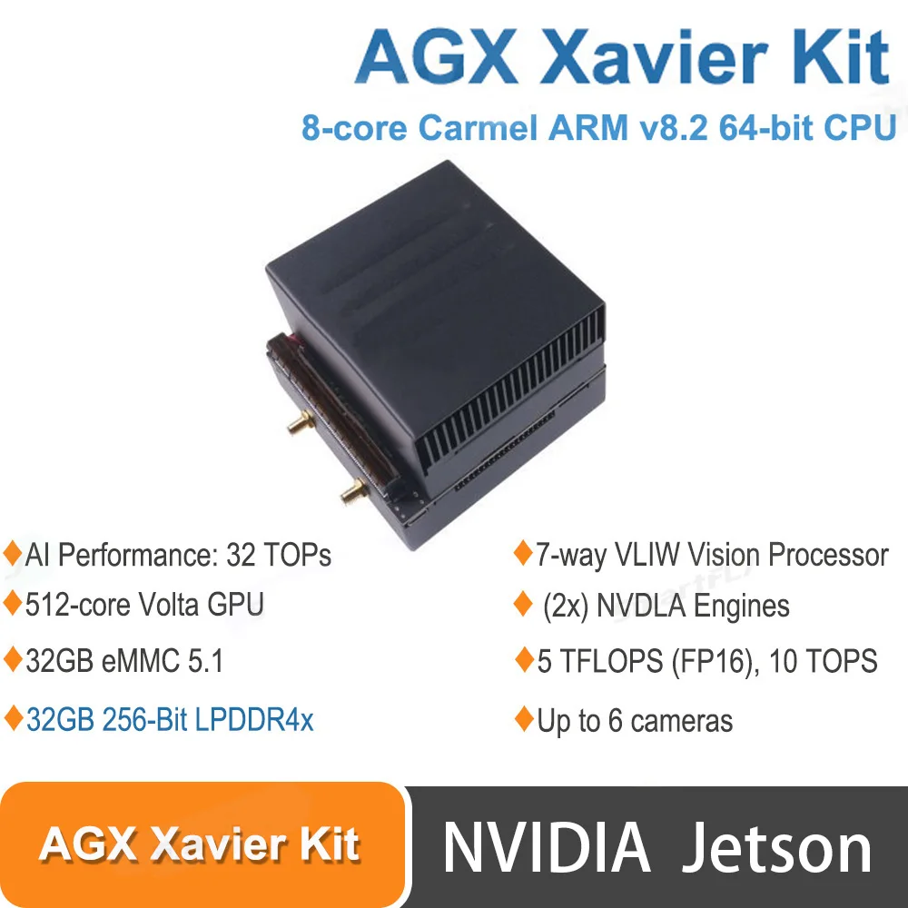 

Jetson AGX Xavier Kit 8-core Carmel ARM 64-bit CPU 32GB+32GB eMMC 32 TOPs AI Performance NVDLA Engines,5 TFLOPS 10TOPS (INT8)