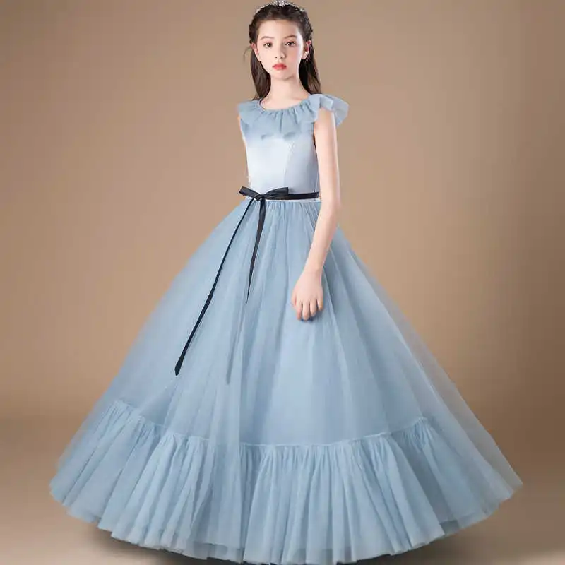 Vestido de princesa de tul esponjoso para niñas, largo hasta el suelo, sin mangas, cuello redondo, elegante y simple