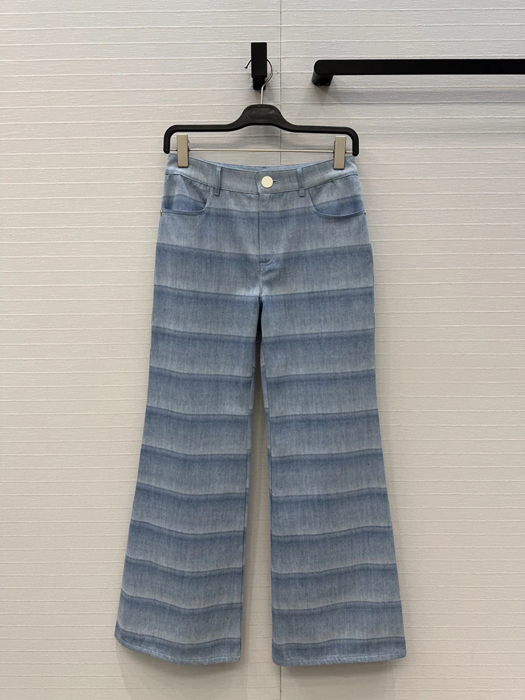 

Autumn winter New style Fashion Middle waist Wide-leg pants Jeans Woman Wash with water blue Stripes Pattern Fashion Jeans