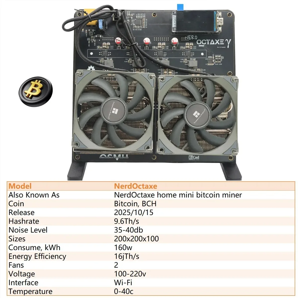 O mais novo Bitaxe Nerdoctaxe Ventiladores duplos Refrigeração a ar 9.6Th/s 160W Bitcoin Home Miner com PSU