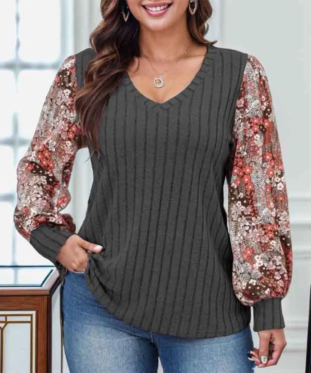 European and American Cross Border Plus Size Women's Casual Wear Printed Long Sleeved V Neck T Shirts