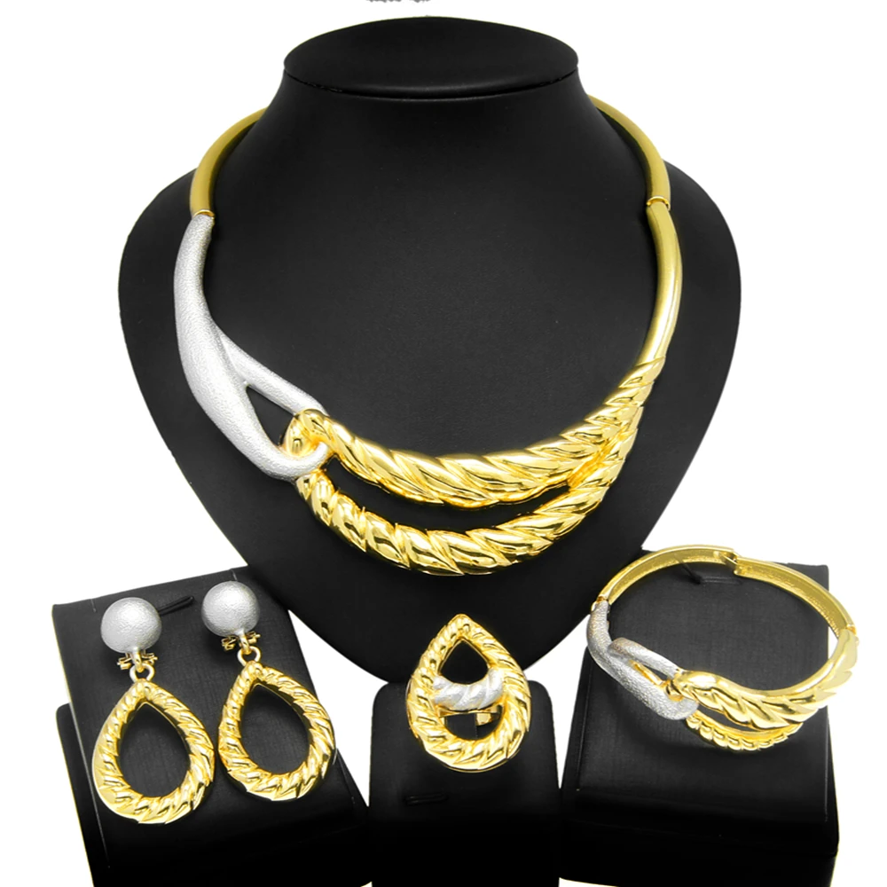 Fashion Italy Gold Plated Ladies Necklace Jewelry Set Simple Style Gold Plated Ring Bracelet Earrings African Jewelry Wedding