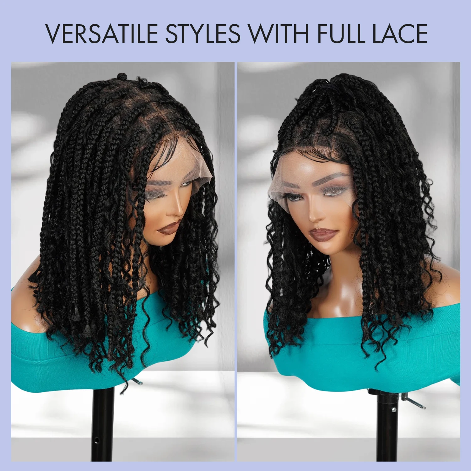 Authentic Glueless Full Lace Braided Wig Medium Knotless Boho Box Braid Spiral Curl Bob 1B 12" BW Unit9