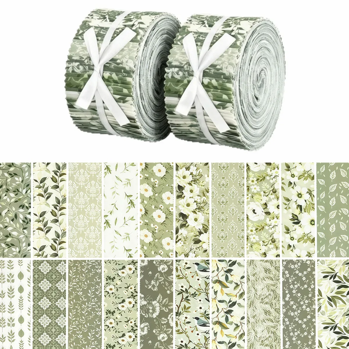 40 Rollos de Tela Verde Salvia, Tiras de Tela Pre-cortadas de 2.5 Pulgadas con Diseño de Hojas Verdes, Ideales para Materiales de Acolchado y Manualidades