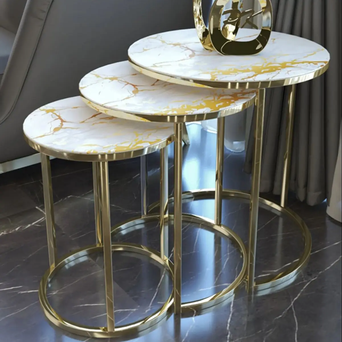 Decorative Gold Set of 3 Nesting Table Modern Luxury Yellow Nordic Design Home Living Room Bedroom Furniture Set Coffee Table