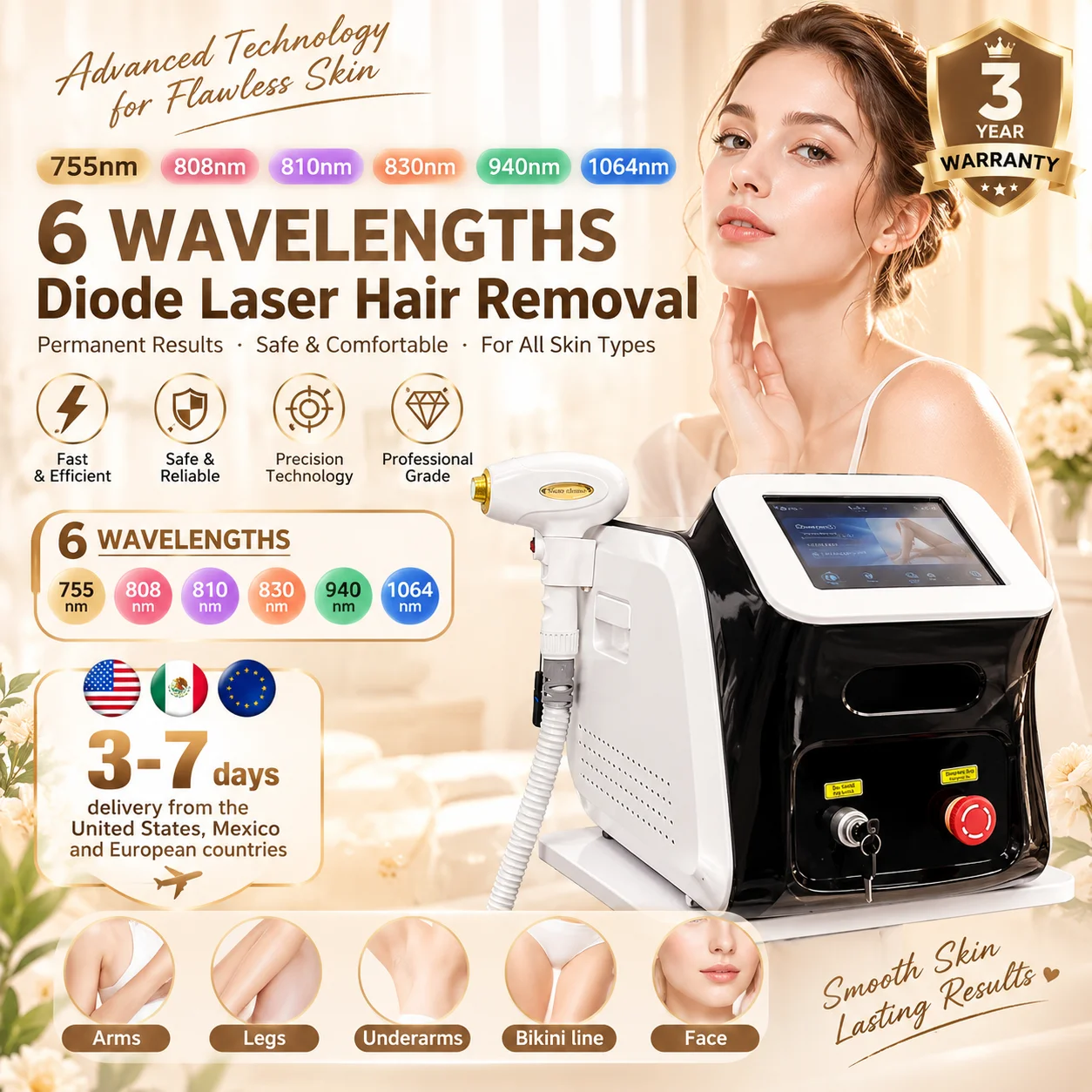 3 Wavelength Diode Laser Hair Removal Machine,755/808/1064nm Freezing Point Painless Permanent Hair Remover for Salon