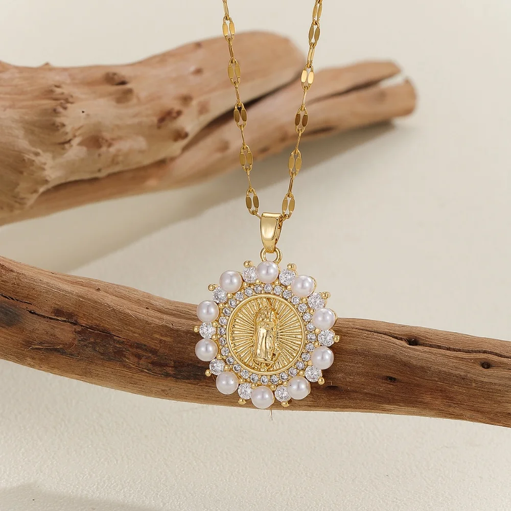 Retro Fashion Our Lady Series Necklace For Women Micro-inlaid Colored Zircon Round Necklace For Family Gift