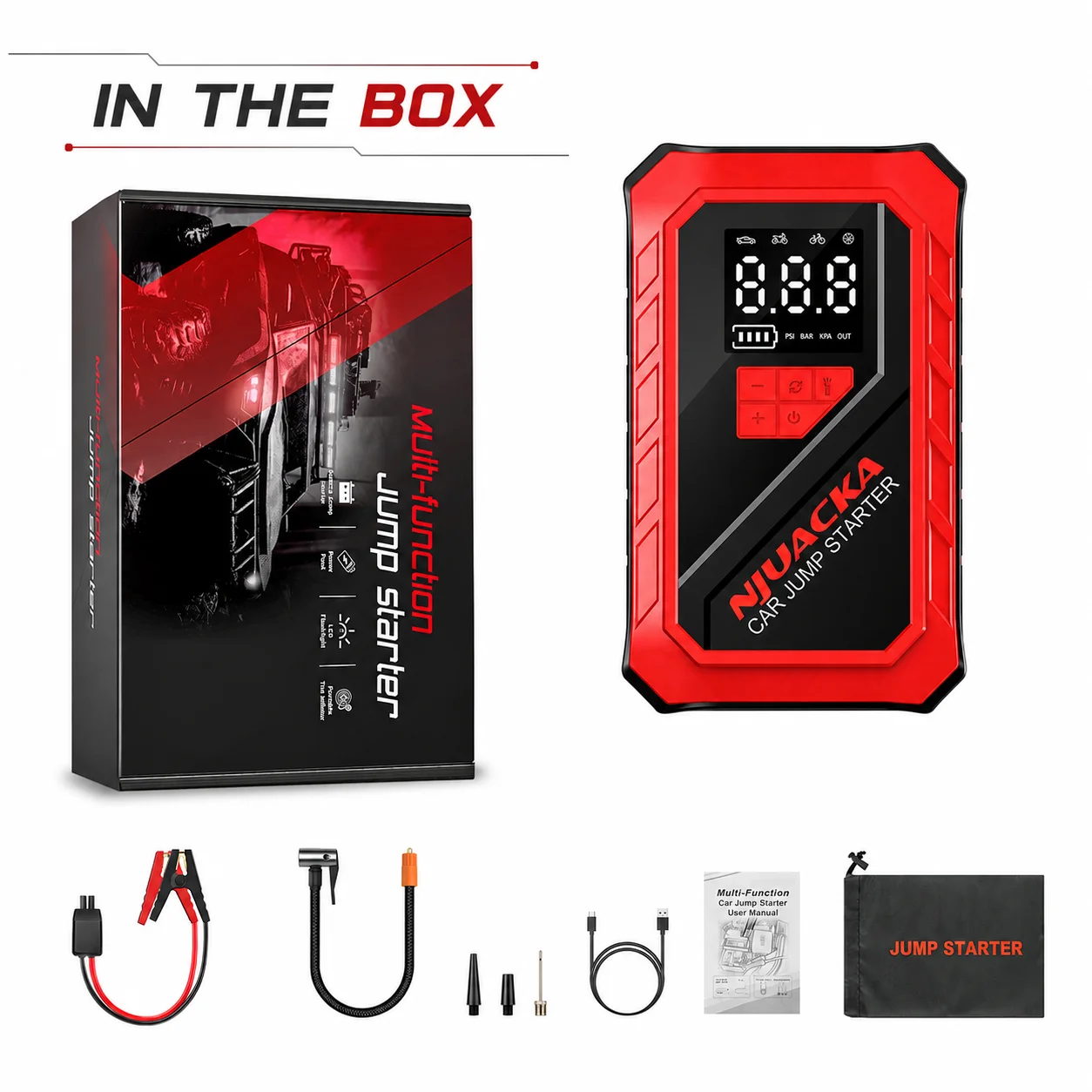 NJUACKA 3000A Peak 8-in-1 Portable Car Battery Jump Starter, 12V Auto Battery Booster with 150PSI Digital Tire Inflator Air Pump, Smart LCD Screen, USB Fast Charging Power Bank, LED Flashlight, SOS Emergency Light for Cars, SUVs, Pickup Trucks, RVs & Road view 8