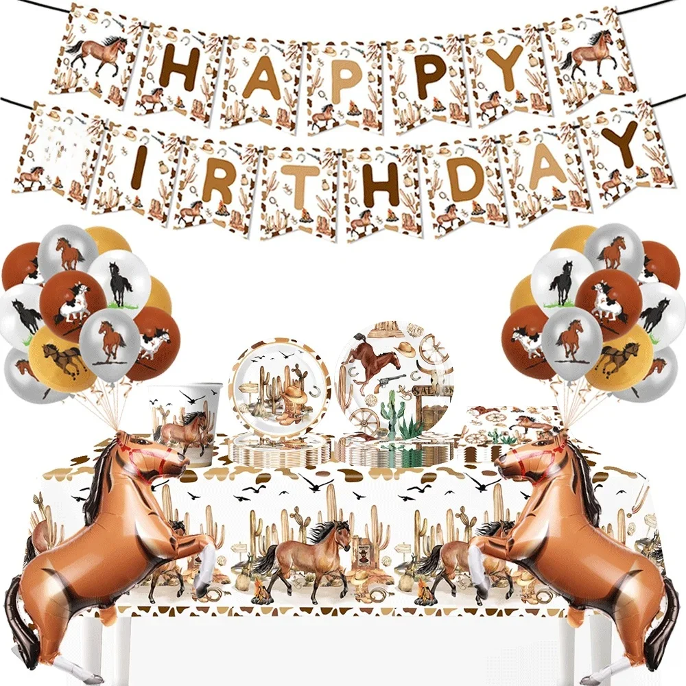 Décorations de fête de Cowboy, vaisselle, nappe, bannière, chapeau de Cowboy, bottes, ballons de cheval, Cowboy de l'ouest sauvage, cadeaux d'anniversaire de rodéo