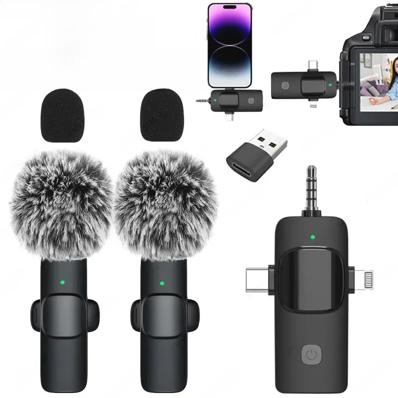 Profissional 4 em 1 Microfone Lavalier Sem Fio, Redução de Ruído, Mini Microfone para iPhone,