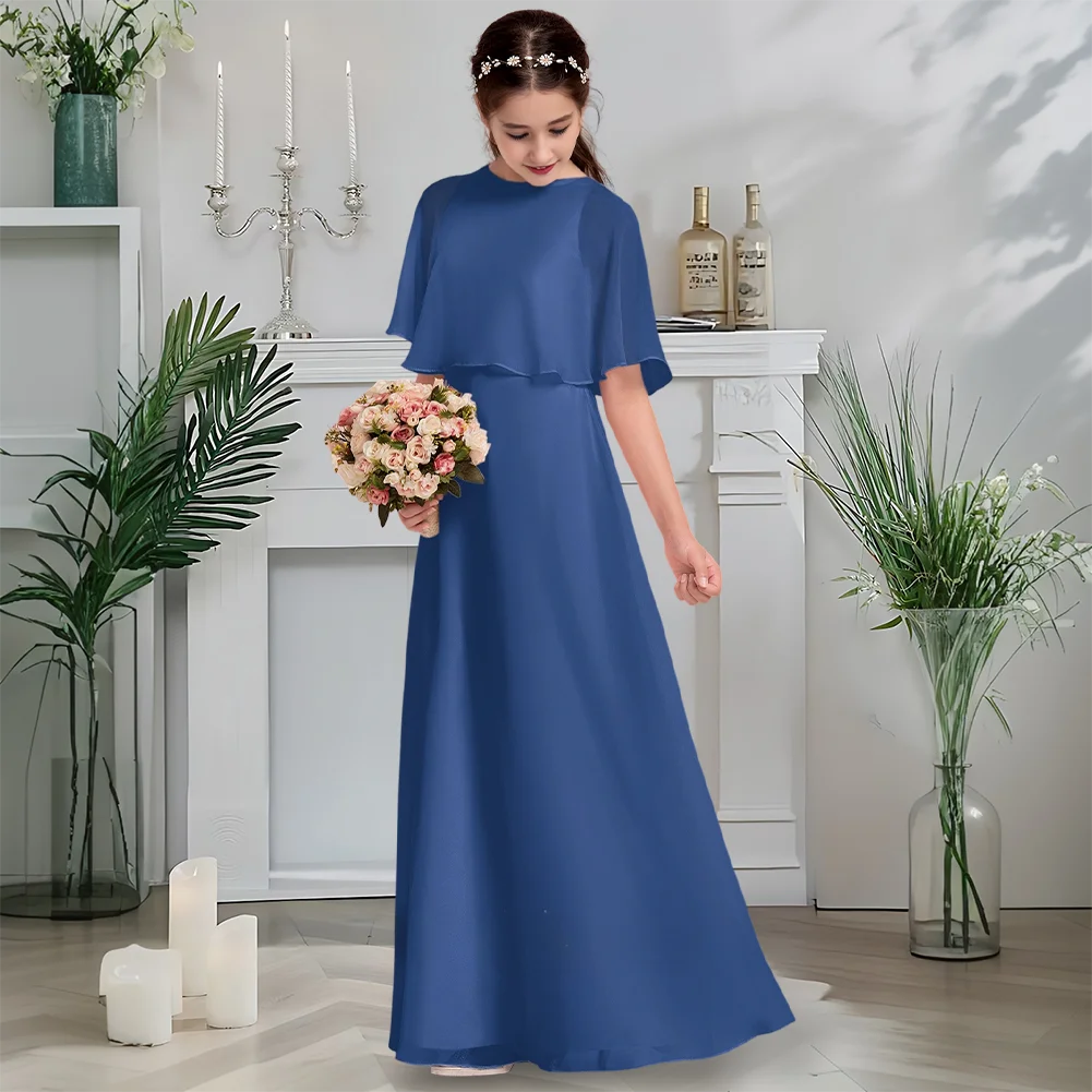 B Румяное платье с круглым вырезом для подружек невесты, платье с цветочным узором для девочек, шифоновое платье длиной до пола для девочек, вечерние свадебные вечерние платья