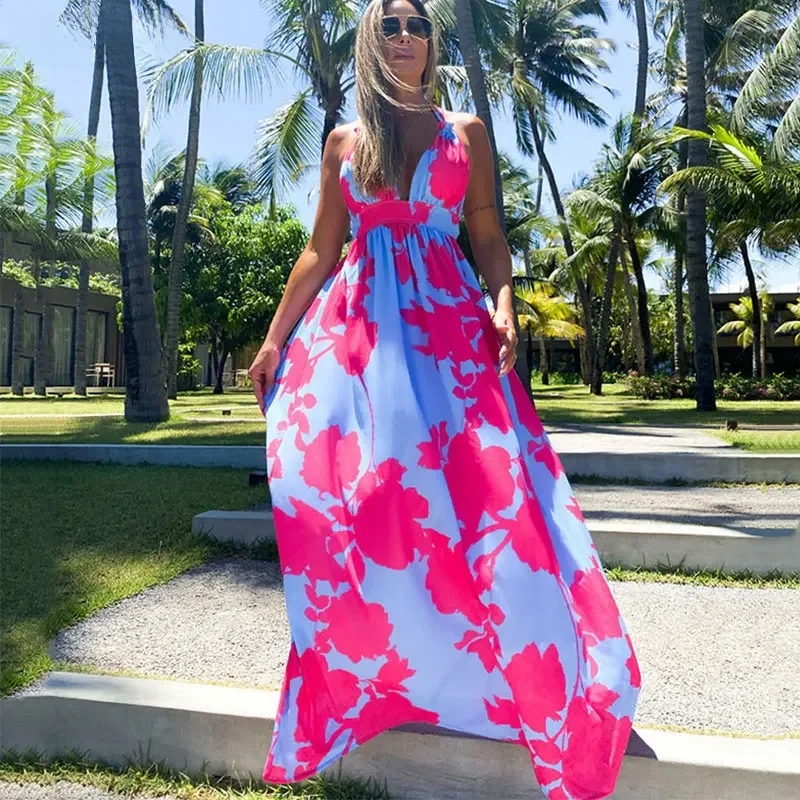 Spaghetti sukienka Sling czeski kwiat wydruku długie sukienki lato Backless seksowny dekolt Party Lady plaża Maxi sukienka bez rękawów — zdjęcie 2