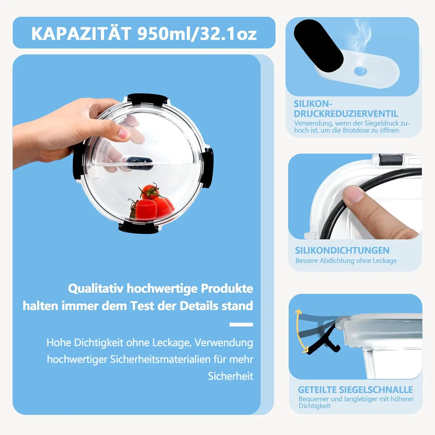 6 x 950ml Glas-Lebensmittelbehälter mit luftdichten Deckeln, geeignet für Kühlschrank und Mikrowelle, BPA-frei. – Detail 4