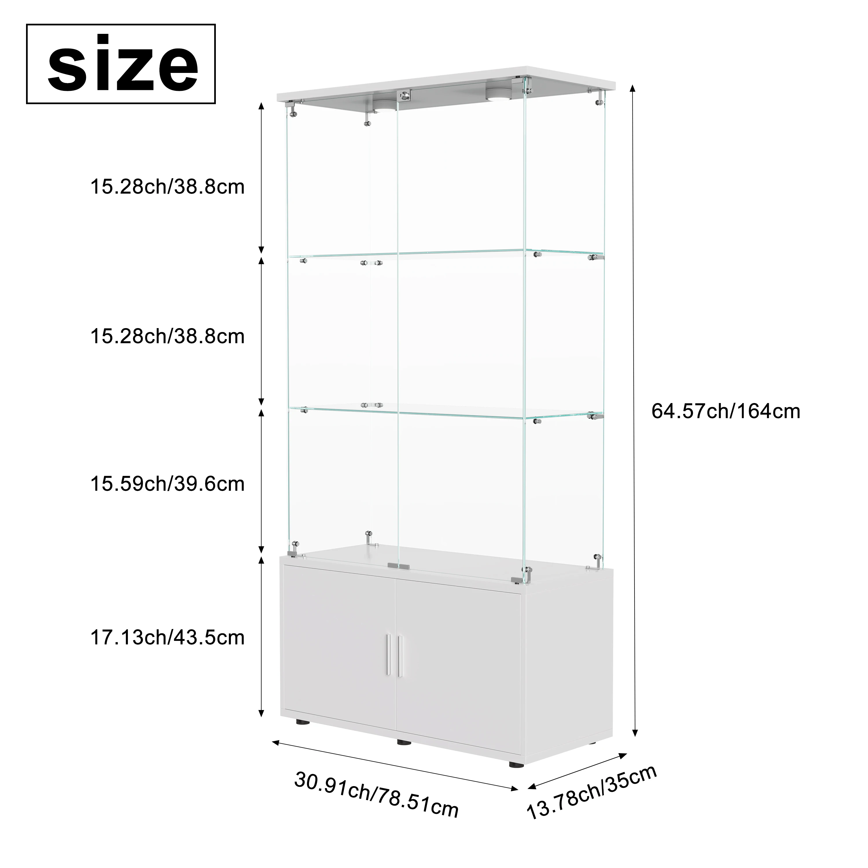 Vitrina de cristal con dos puertas de cristal y cerradura, expositor con 5 estantes de cristal, vitrina de cristal transparente, color blanco.
