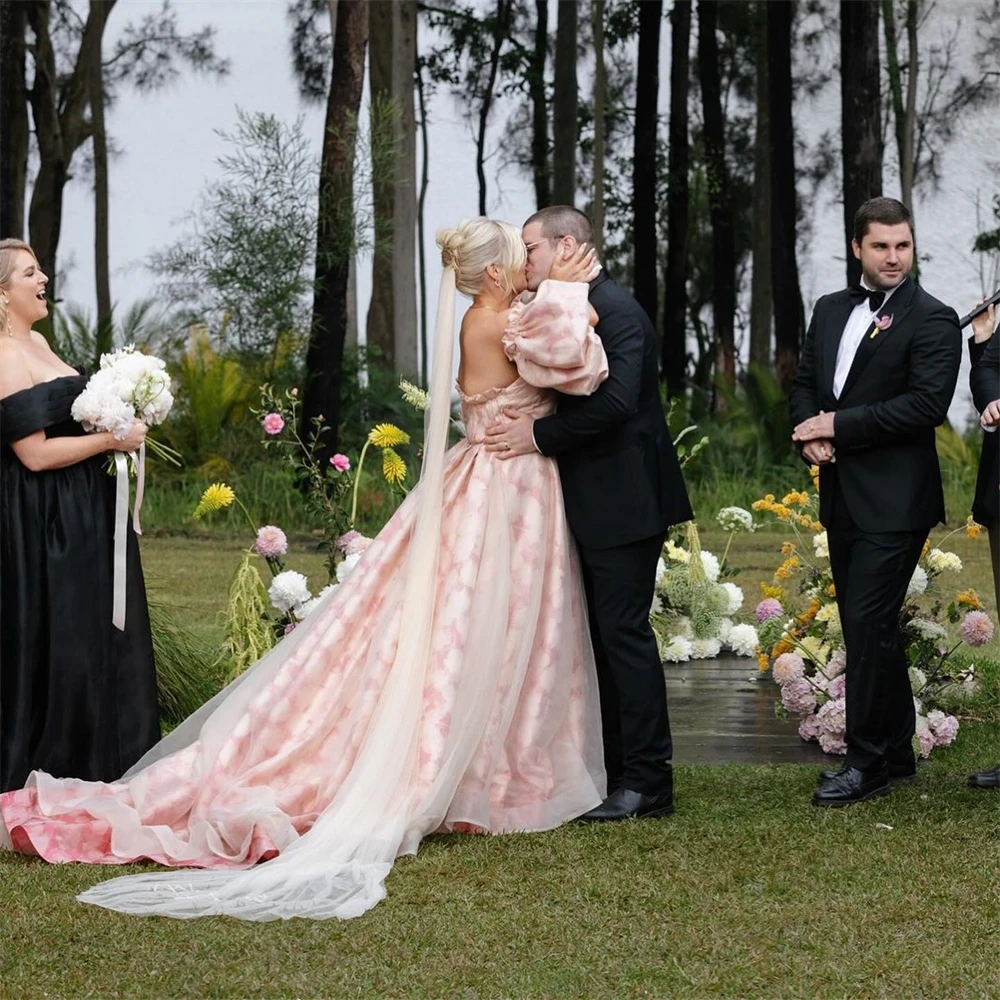 Vestido de novia con hombros descubiertos y mangas hinchadas, traje de novia de satén con estampado romántico a medida, n. ° 20277