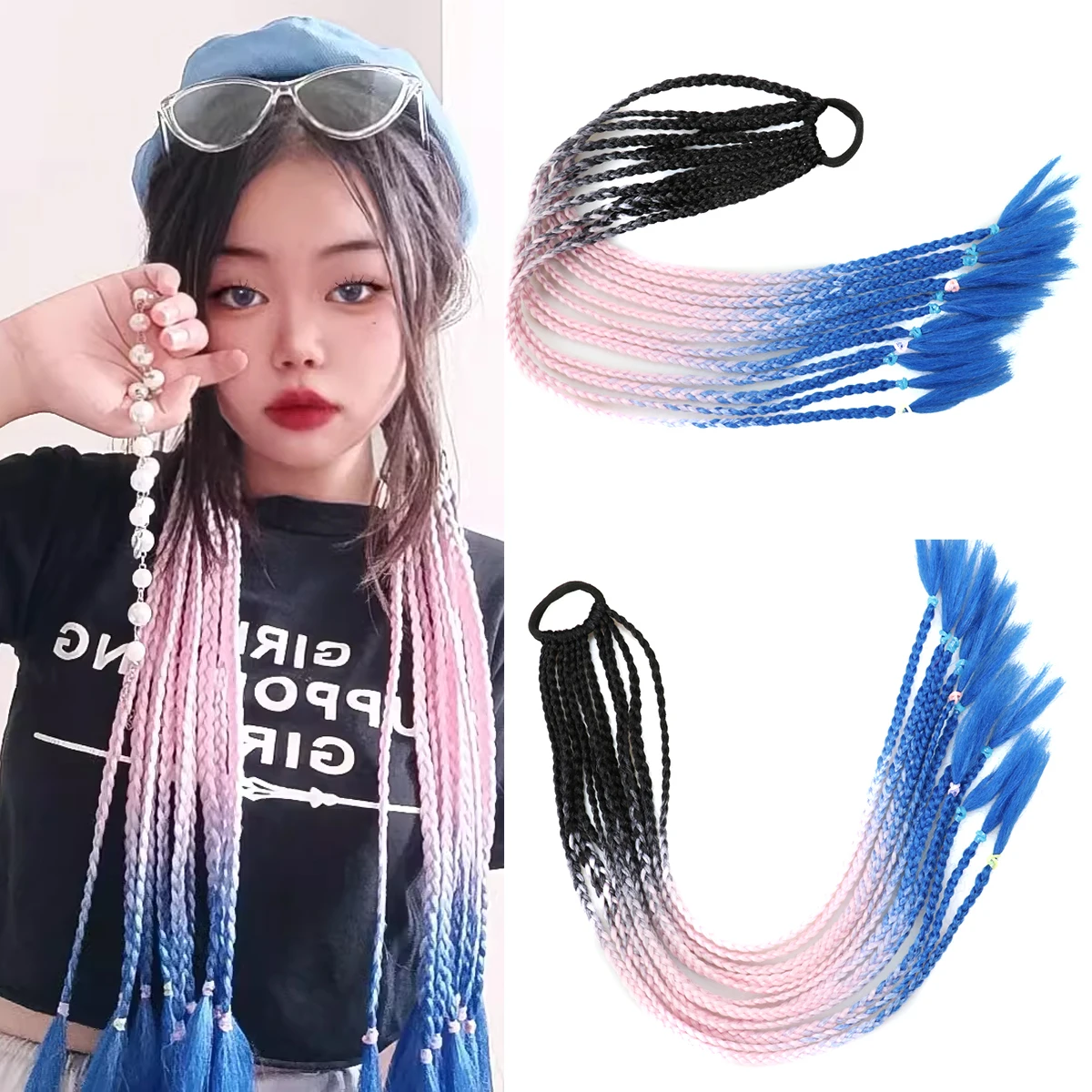 Colorful Synthetic Rainbow Braid Hair Extensions with Rubber Bands - Fashionable Hair Accessories for a Fun and Vibrant Look