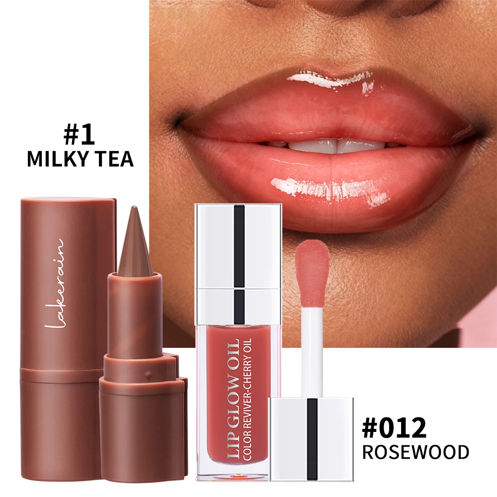 Juego combinado de labios desnudos, delineador de labios marrón oscuro con brillo desnudo rosa brillante, labios brillantes de larga duración, sensación ligera, 2 uds.