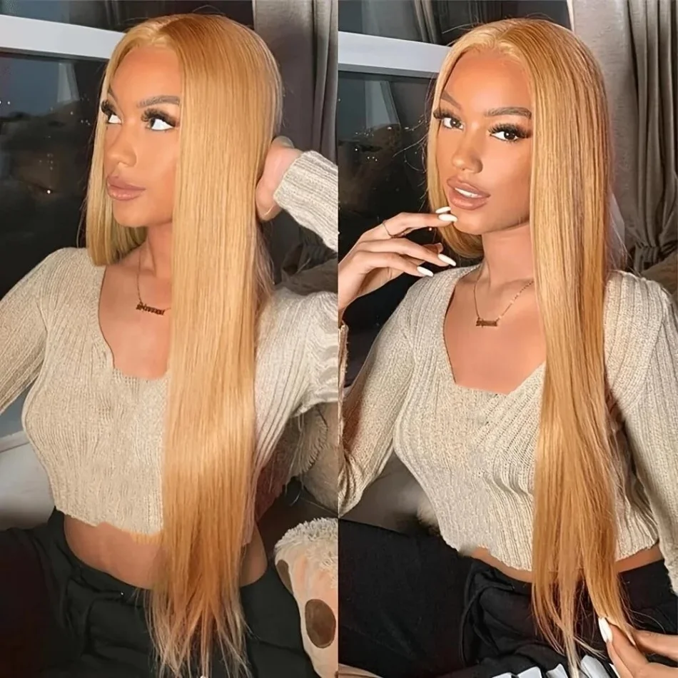 

Прямые парики из натуральных волос медово-русого цвета, 13x6, 13x4, с HD прозрачным кружевным фронтом # 27 Цветной парик с эффектом водной волны