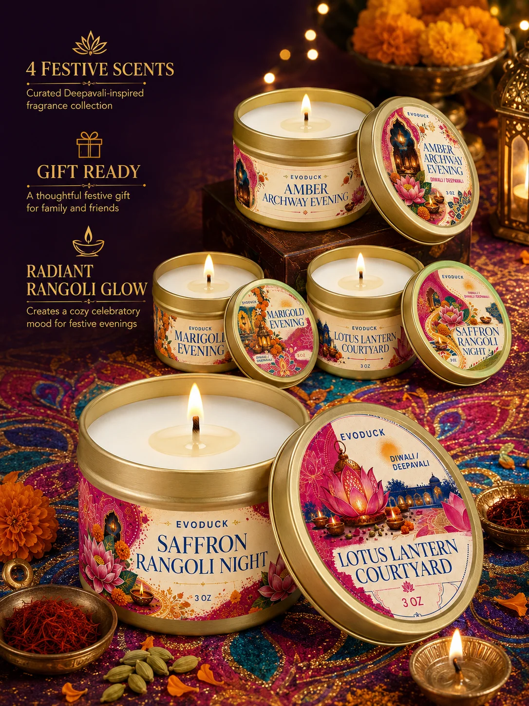 Diwali Candles Gift Set 4 Pcs Amber Archway Evening Vanilla Cashmere Scented Tin Candle Deepavali Festival Lantern Decor Women