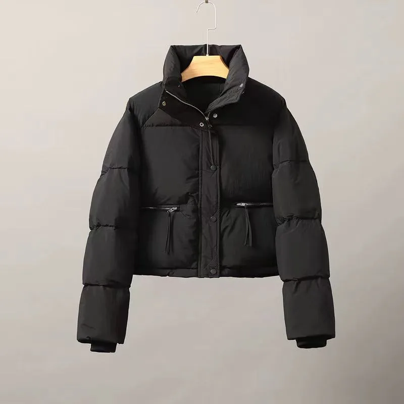Stand Collar Thick Coat Short Length Casual Style with Straight Fit Cropped Spring Long Sleeves Women Long Sleeve Puffer Jacket